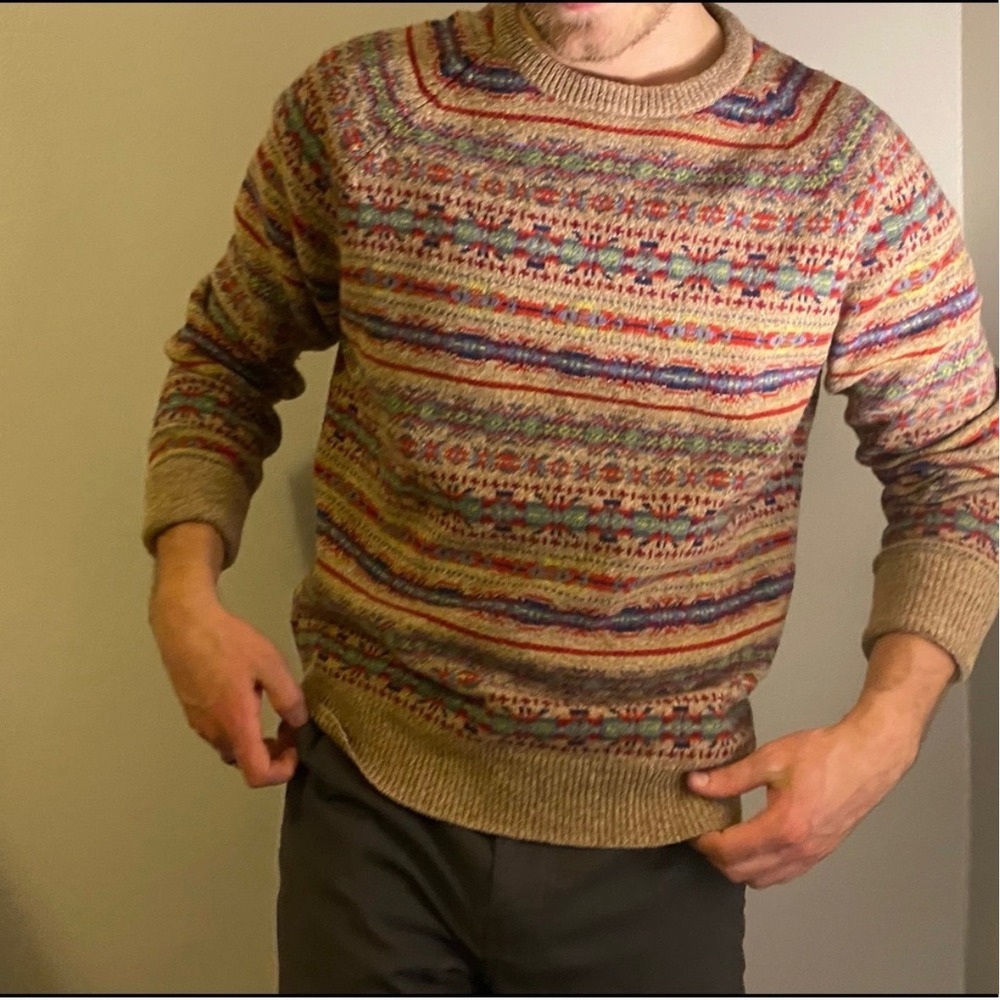 J.Crew Lambswool Sweater Mens Small Tan Multi Fair Isle Excellent Knit Pullover